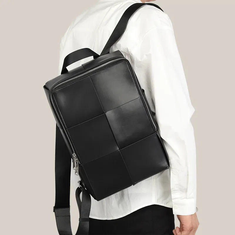 New Fashion Brand Genuine Leather Men Woven Backpacks Real Natural Leather Student Backpack Boy Luxury Weave Computer Laptop Bag