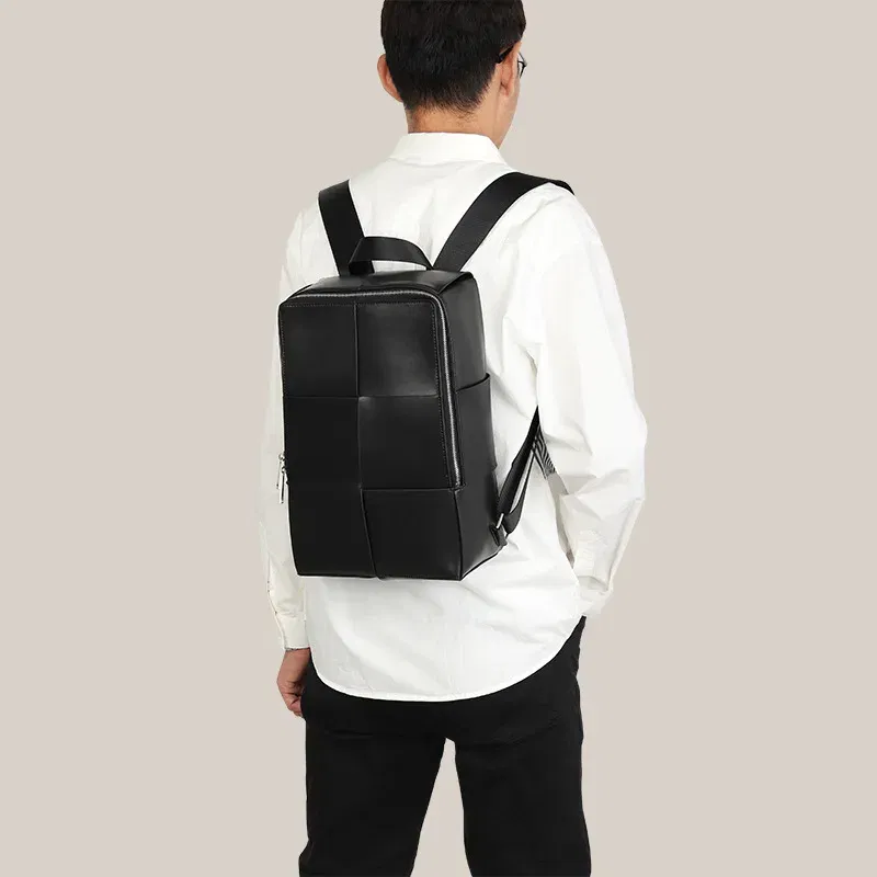 New Fashion Brand Genuine Leather Men Woven Backpacks Real Natural Leather Student Backpack Boy Luxury Weave Computer Laptop Bag