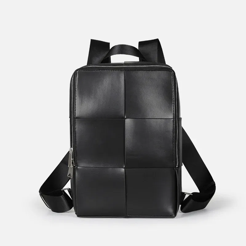 New Fashion Brand Genuine Leather Men Woven Backpacks Real Natural Leather Student Backpack Boy Luxury Weave Computer Laptop Bag
