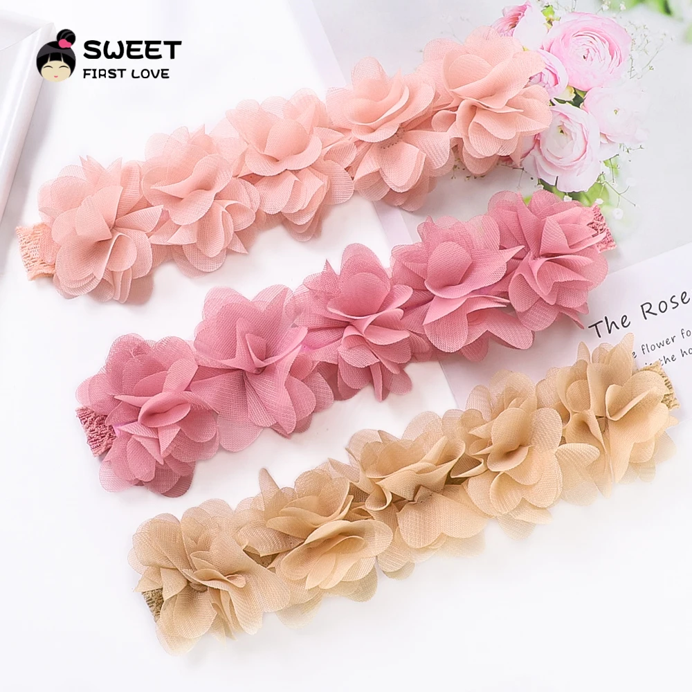 Color: Brown - Pink Baby Flower Headband Pink Chiffon Hair Bands Handmade DIY Headwear Hair Accessories for Kids Children Newborn Toddler