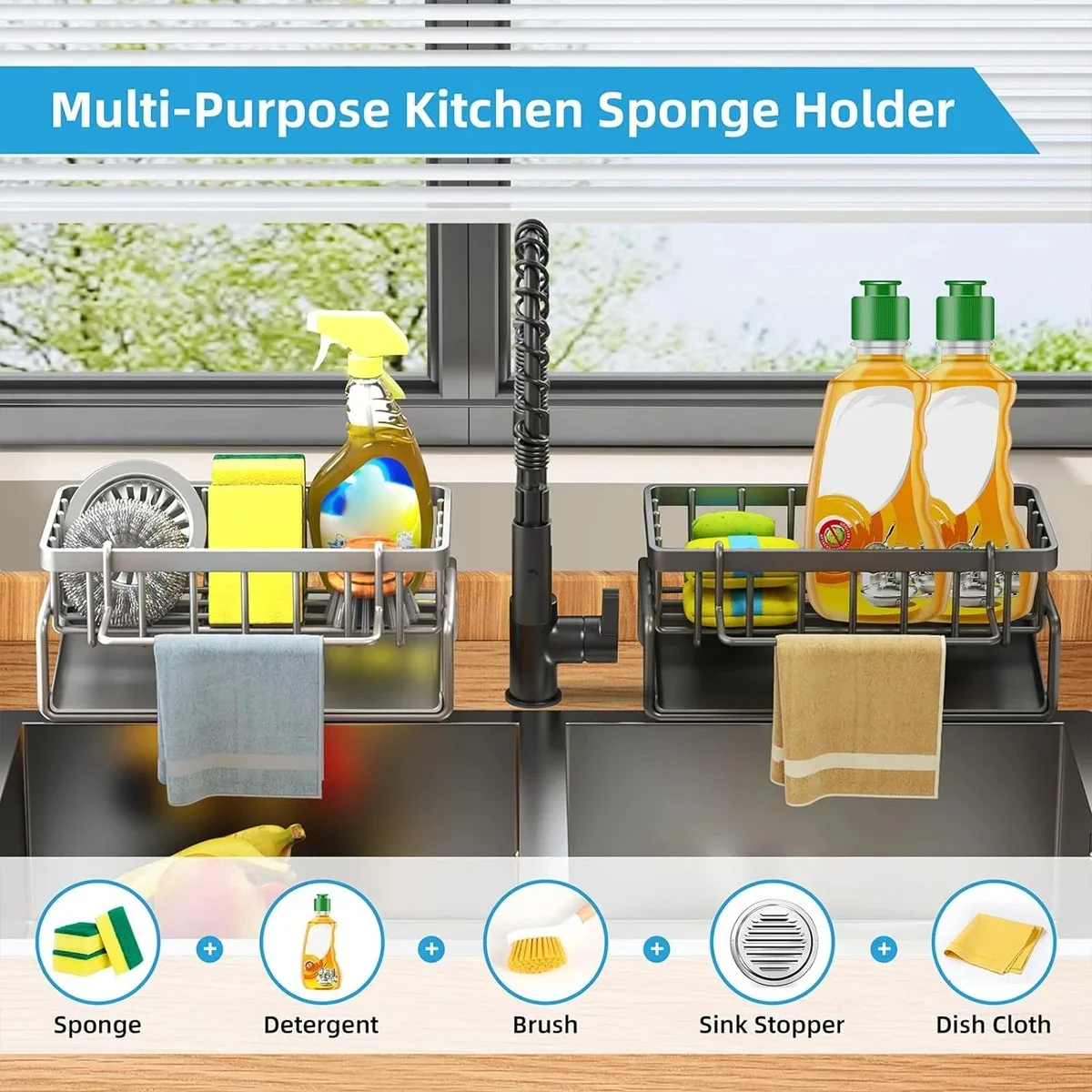 Color: Light green - Kitchen Sink Drain Rack Organizer Sponge Storage Faucet Holder Soap Drainer Dishcloth Towel Rack Kitchen Sink Organizer