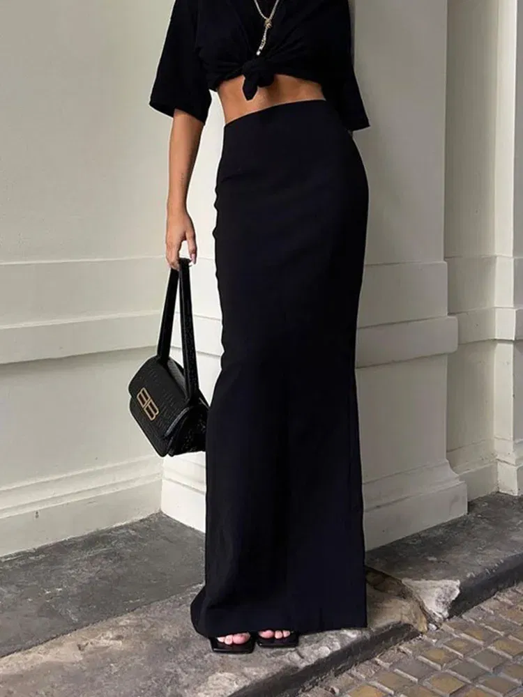 Color: black, Size: L - Fashion For Women Black Long Skirts High Waist Slim Seamless Elegant Ladies Gown Casual Summer 2024 New Female Maxi Skirts