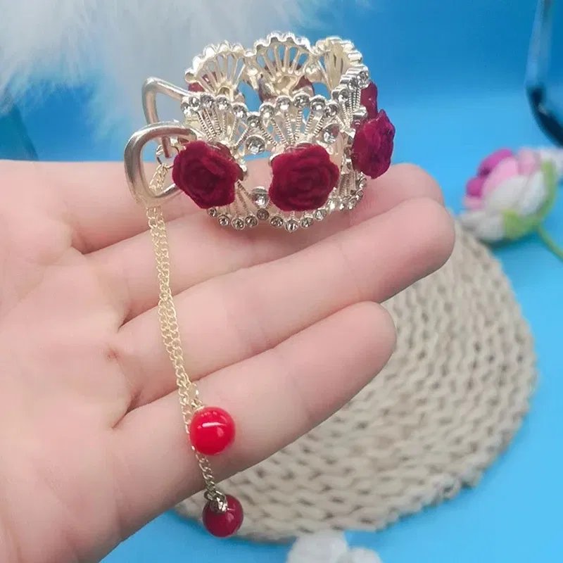 Color: Silver - Fashion Rhinestone Tassel Pearl Hair Claws Flowers Hair Clip Women Barrettes Ponytail Holder Hairpins Hair Accessories Gifts
