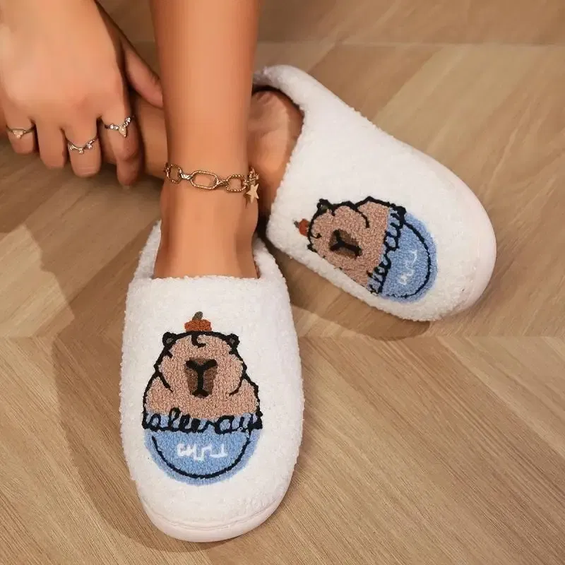 Color: Beige, Shoe Size: 4.5 - Casual Fluffy Slippers Women House Flat Cute Cartoon Designer Platform Winter Shoes Girls Home Fashion Popular Footwear Big Size