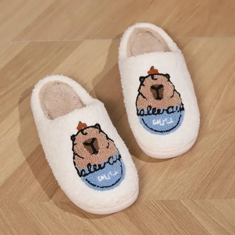 Color: Beige, Shoe Size: 4.5 - Casual Fluffy Slippers Women House Flat Cute Cartoon Designer Platform Winter Shoes Girls Home Fashion Popular Footwear Big Size