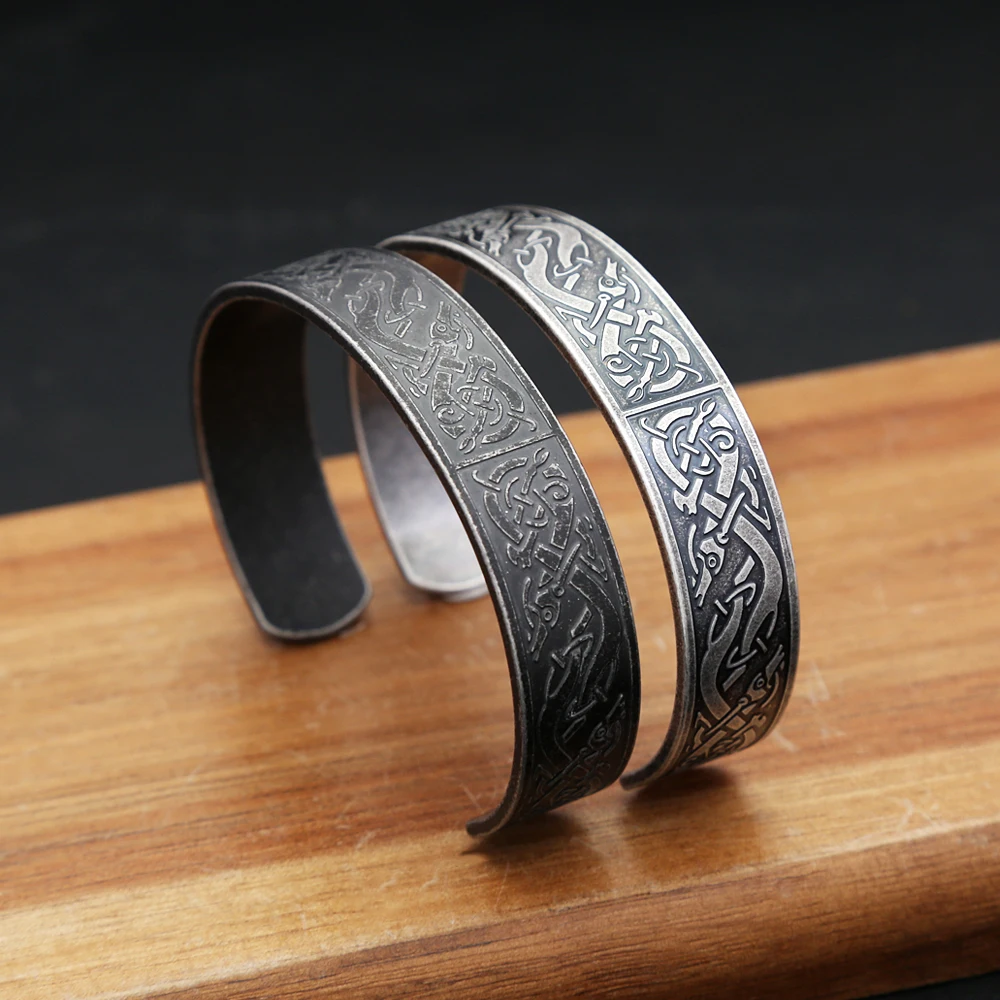 Metal Color: Silver Plated - Nordic Viking Dragon Totem Bracelet Punk Stainless Steel Opening Bangles For Men Women Fashion Amulet Jewelry Gifts Dropshipping