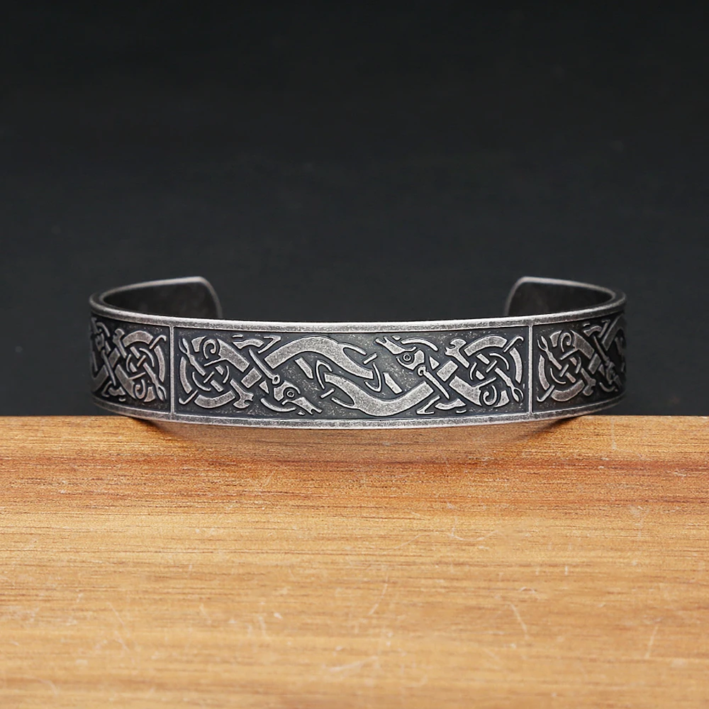 Metal Color: Silver Plated - Nordic Viking Dragon Totem Bracelet Punk Stainless Steel Opening Bangles For Men Women Fashion Amulet Jewelry Gifts Dropshipping