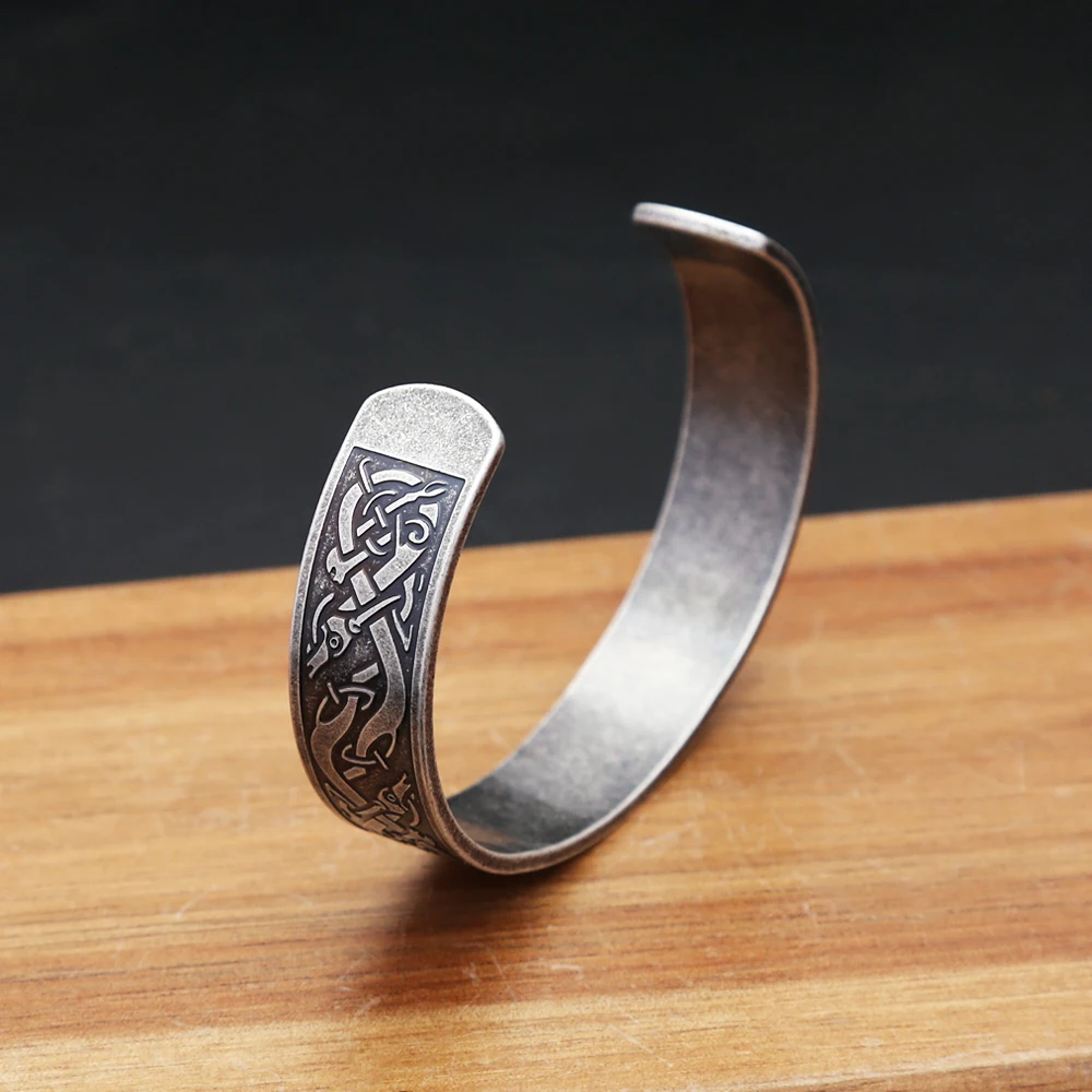 Metal Color: Silver Plated - Nordic Viking Dragon Totem Bracelet Punk Stainless Steel Opening Bangles For Men Women Fashion Amulet Jewelry Gifts Dropshipping