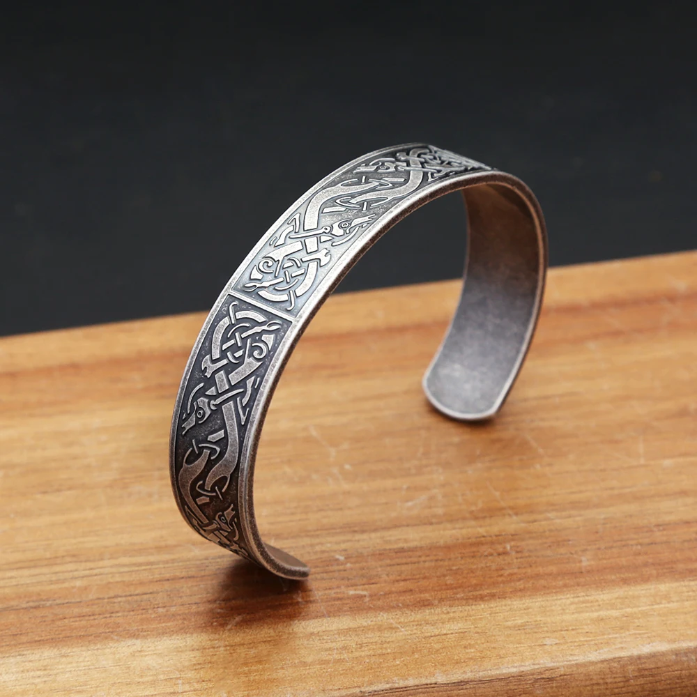 Metal Color: Silver Plated - Nordic Viking Dragon Totem Bracelet Punk Stainless Steel Opening Bangles For Men Women Fashion Amulet Jewelry Gifts Dropshipping