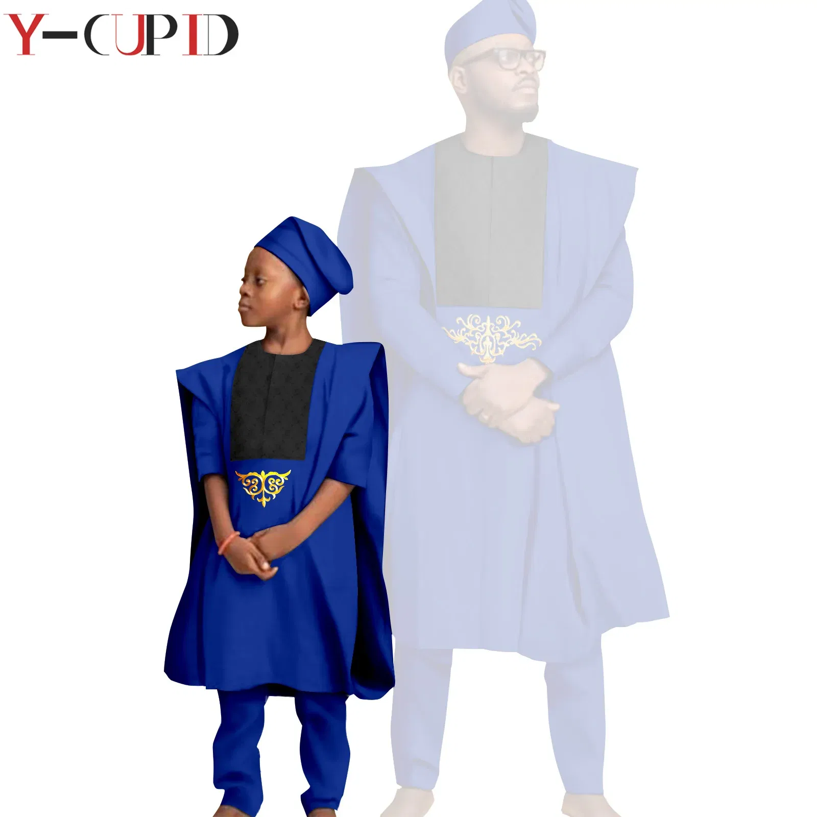 Color: black, Size: M - African Clothes for Men Top Pants Robes Hat Sets Match Kid Boy Sets Dashiki Father and Son Bazin Riche Family Outfits Y20F001