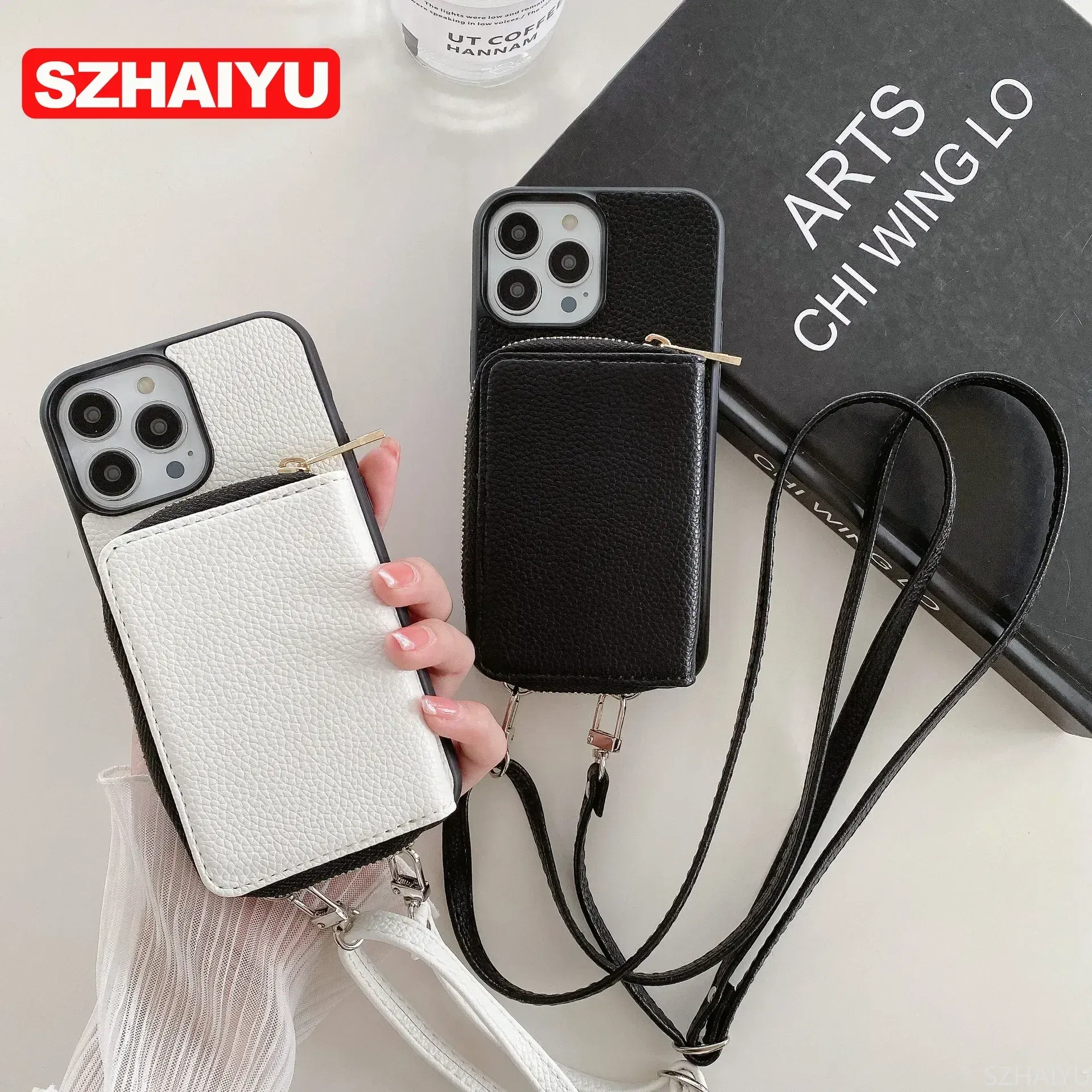 Material: Silicon, Color: Beige - Zipper Wallet Phone Case For iPhone 16 15 14 13 12 Mini 11 Pro XS Max X Plus Card Slot Holder Crossbody Lanyard Leather Cover