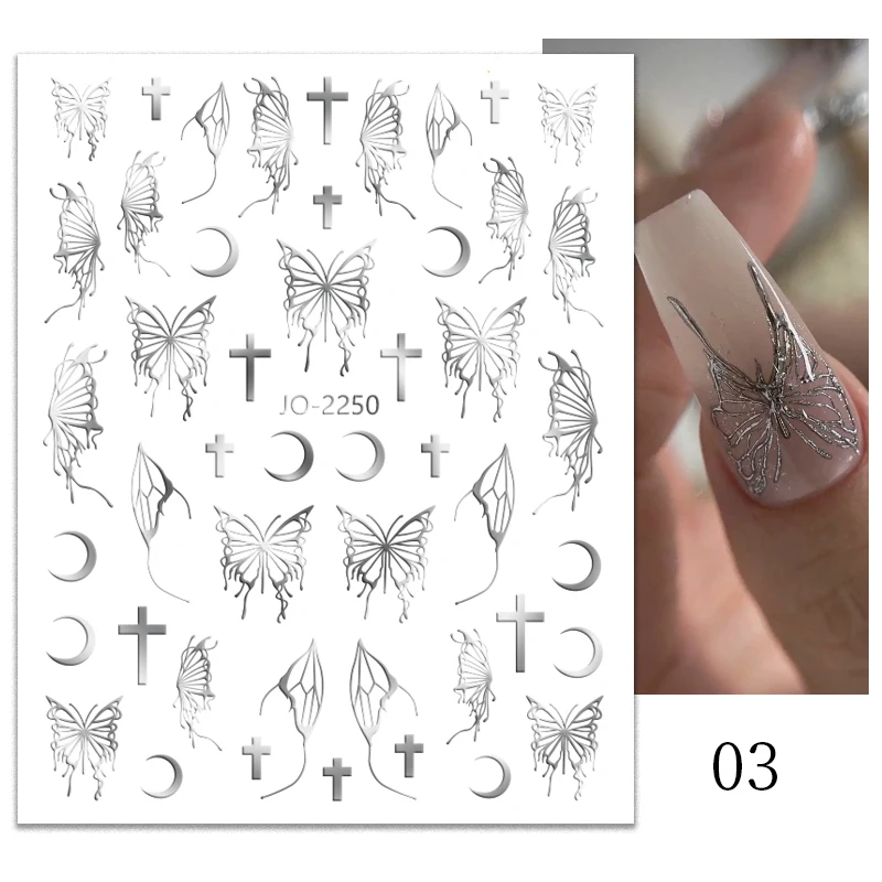 Color: NUDE - 3D Blue Butterfly Adhesive Stickers Nail Art Decoration Laser Flowers Leaves Nail Sticker Nail Art Supplies Nail Parts