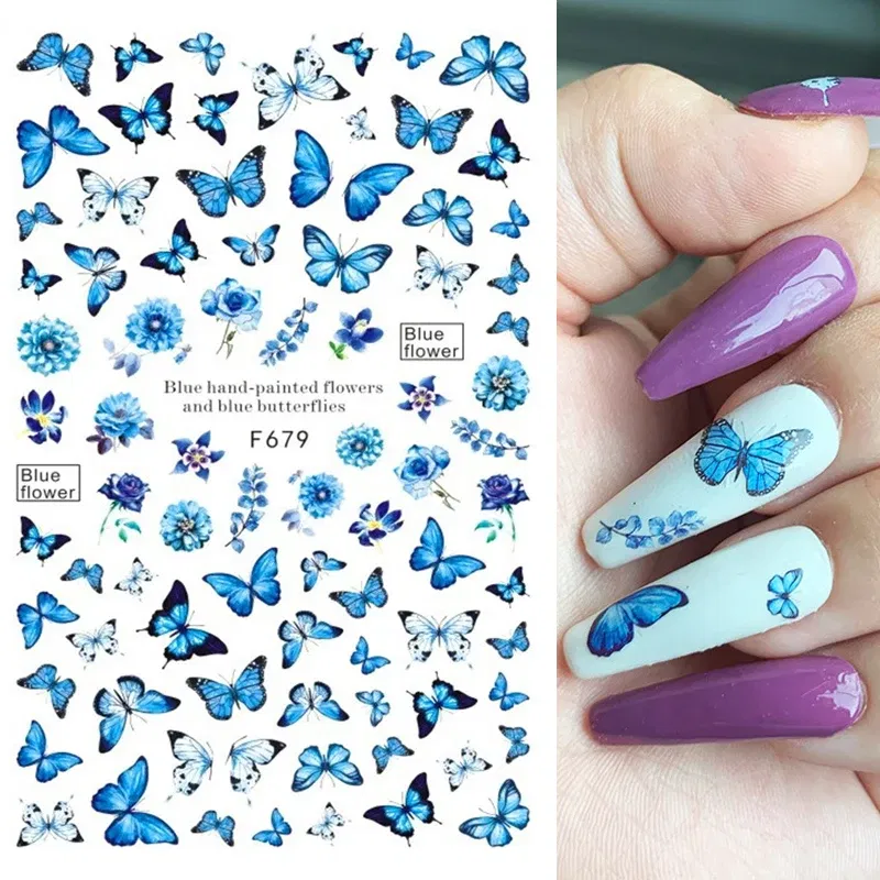 Color: NUDE - 3D Blue Butterfly Adhesive Stickers Nail Art Decoration Laser Flowers Leaves Nail Sticker Nail Art Supplies Nail Parts