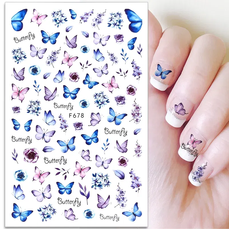 Color: NUDE - 3D Blue Butterfly Adhesive Stickers Nail Art Decoration Laser Flowers Leaves Nail Sticker Nail Art Supplies Nail Parts
