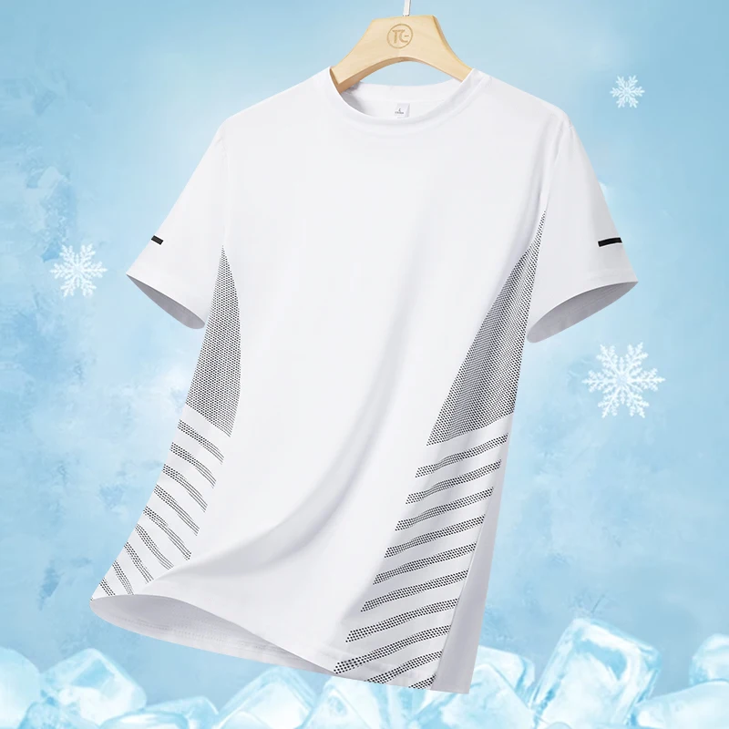 Color: Gold, Size: L - Men's Silk Ice Round Collar T-shirt, Simple Running Fitness Suit, Breathable Thin T-shirt, Quick Dry T-shirt, Summer