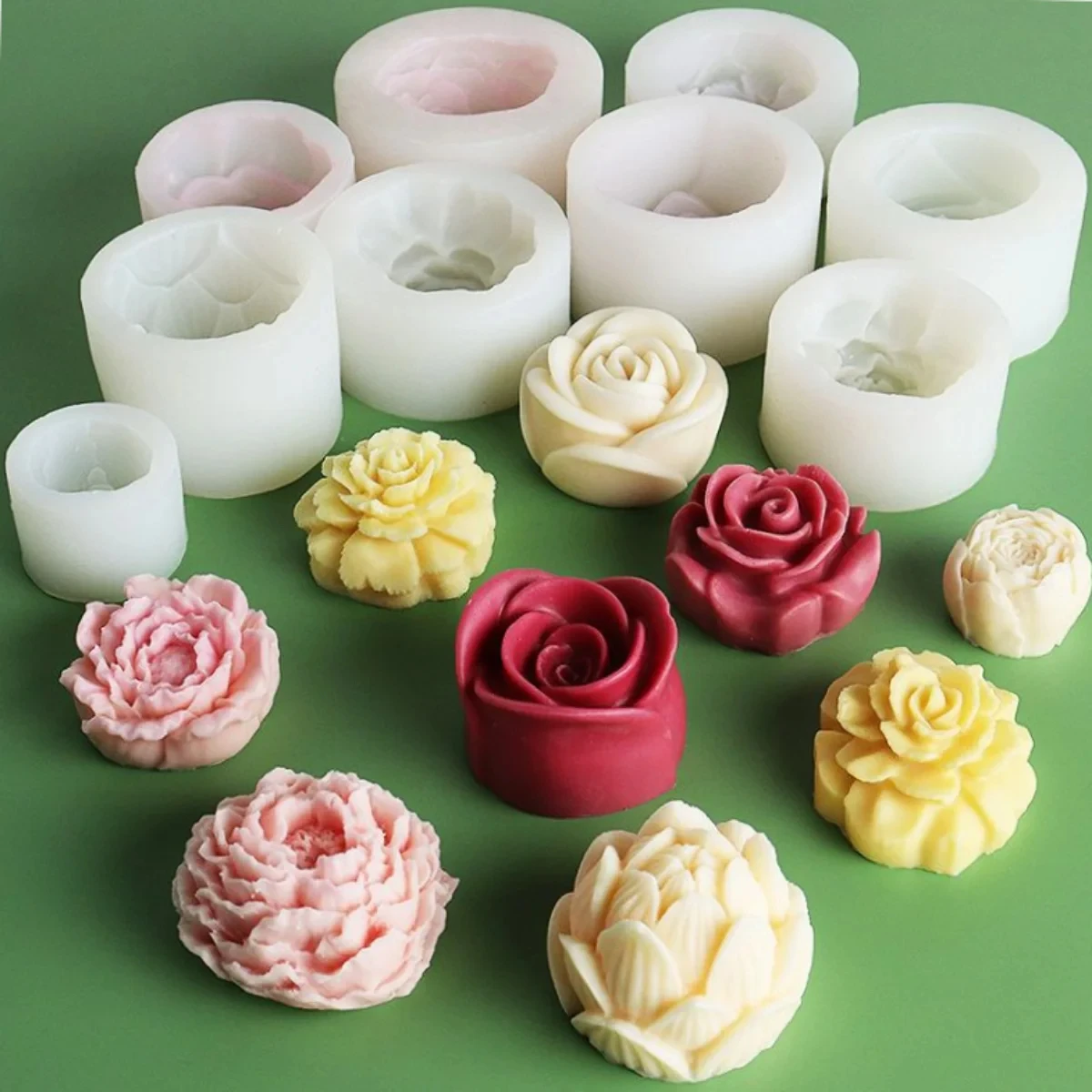 Color: light green - Lotus Flower Silicone Candle Mold Sunflower Peony Multi Style Soap Resin Crystal Mould Heart Rose Chocolate Ice Making Set Gifts