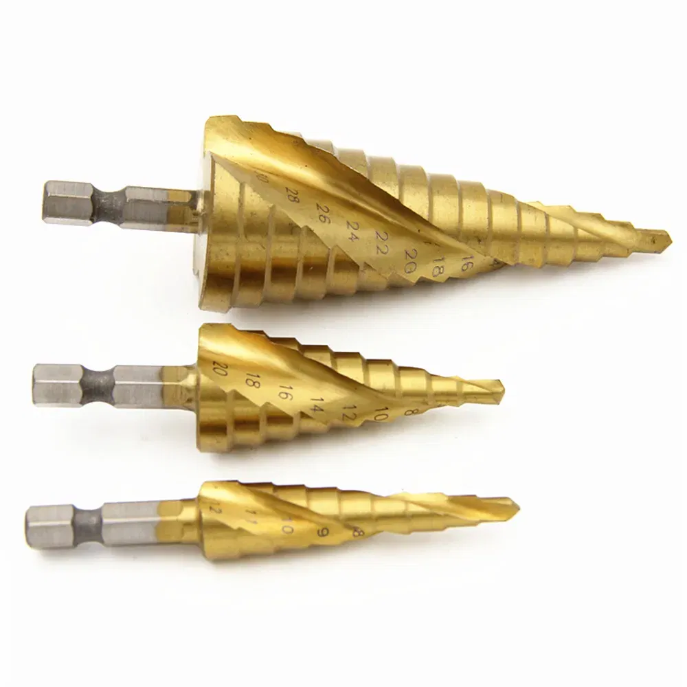 Color: Red - 3pcs Spiral Grooved Drill Bits 3-12 4-12 4-20 Drilling Power Tool Metal Stainless Steel Wood Hole Cutter Cone Fast Drill Bit Set