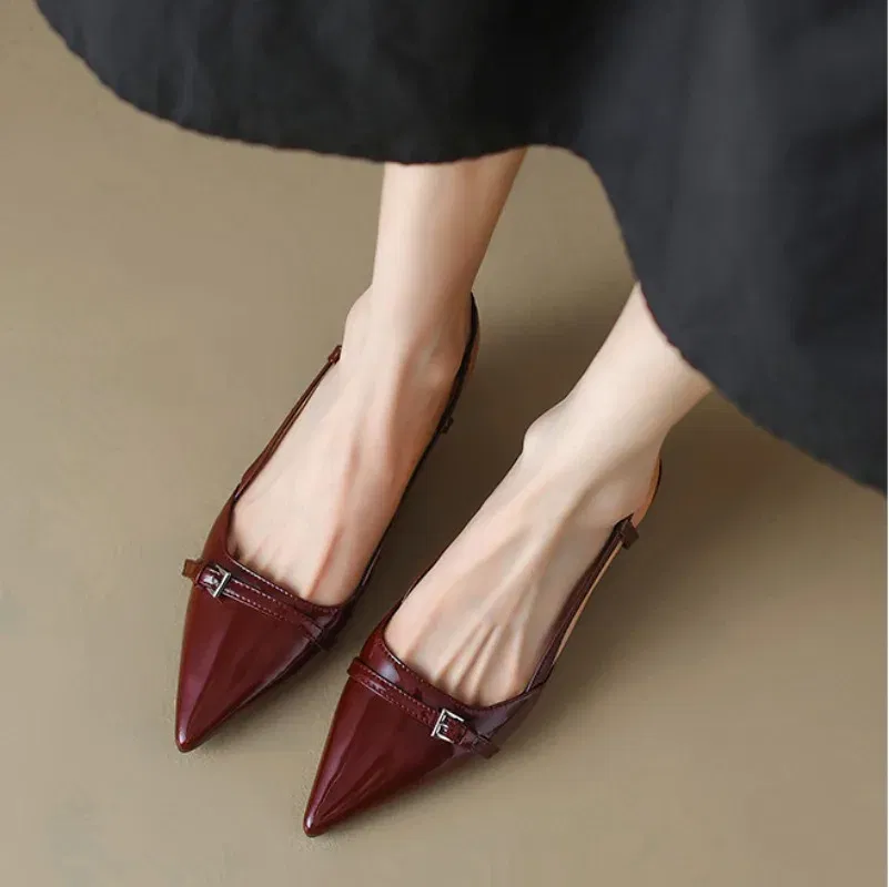 Color: black, Shoe Size: 39 - 2024 New Summer Women's Dress Shoes Patent Leather Slip on Pointed Toe Sandals Buckle Slingbacks Mid Heels Pumps Sandalias Mujer