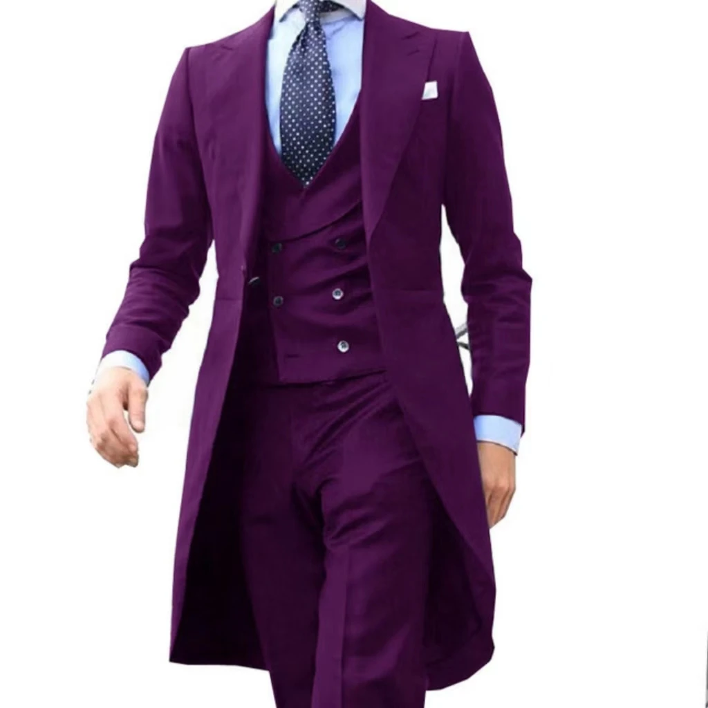 Color: black, Size: 4XL - Elegant man suit Slim Fit Suit Luxury Formal Tuxedos Wedding 3 Pieces Blazer Vest Pants Set Long Tail Coat One Button Custom