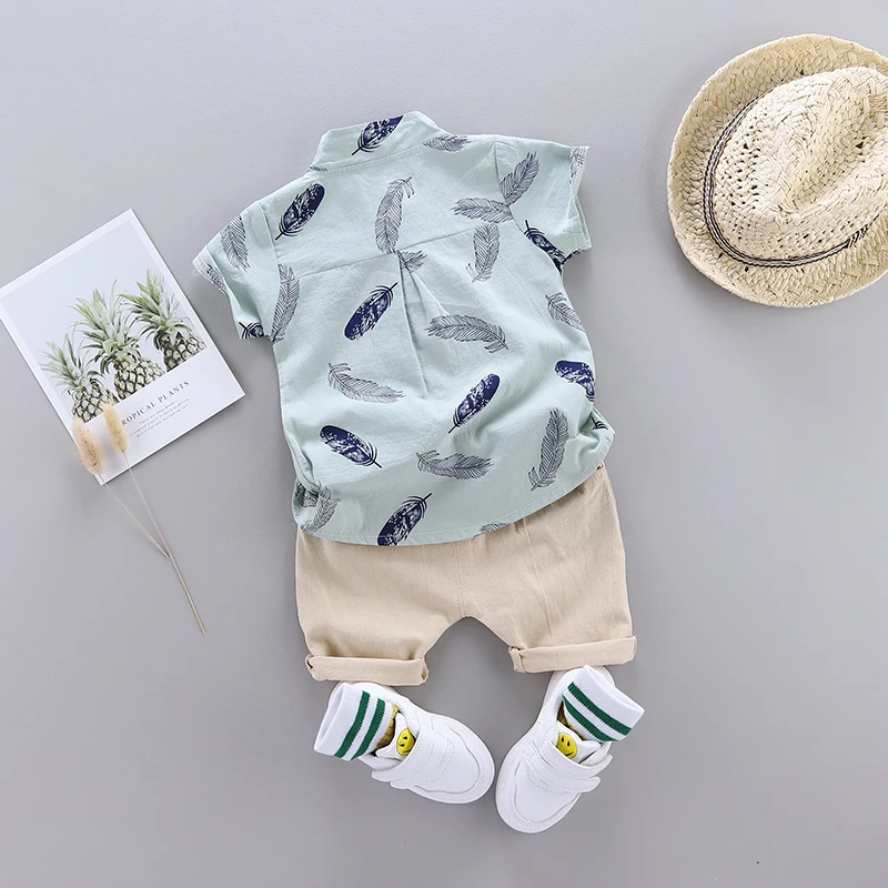 Color: Blue, Kid Size: 9M - 0-3 Year Old Baby Summer Feather Print Shirt Short Sleeve Suit