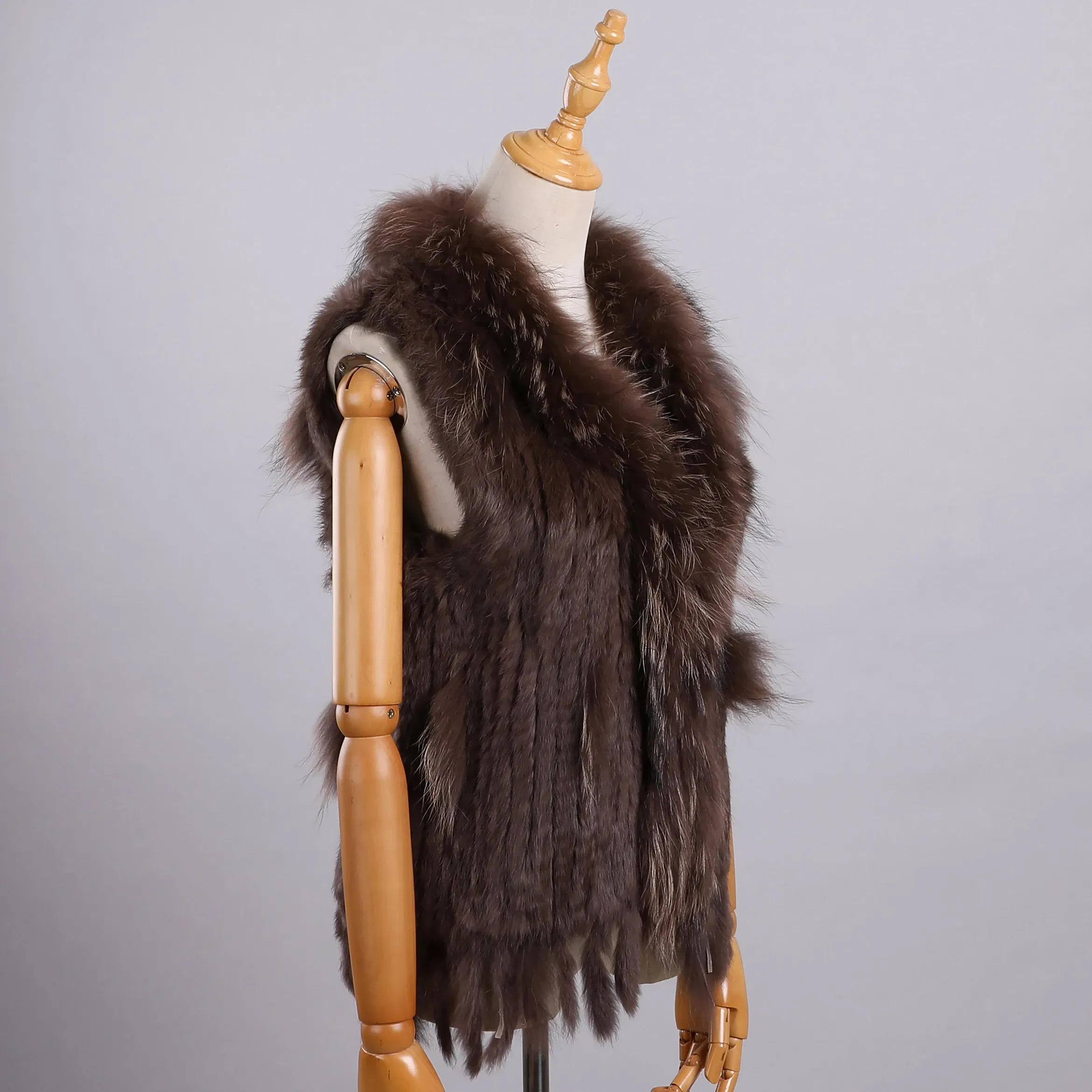 Color: Brown, Size: S - Luxury Women's Genuine Premium Long Hair Rabbit Fur Knit Vest Raccoon Fur Trim Gilet Lady Sleeveless Waistcoat Real Fur Jacket