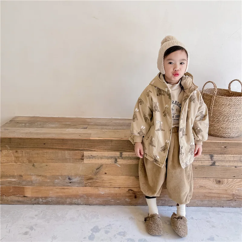 Color: Beige, Kid Size: 2T - Girls Coat 2025 Autumn and Winter New Children's Clothing Korean Wind Girl Baby Cotton Printed Down Jacket Casual Simple Daily
