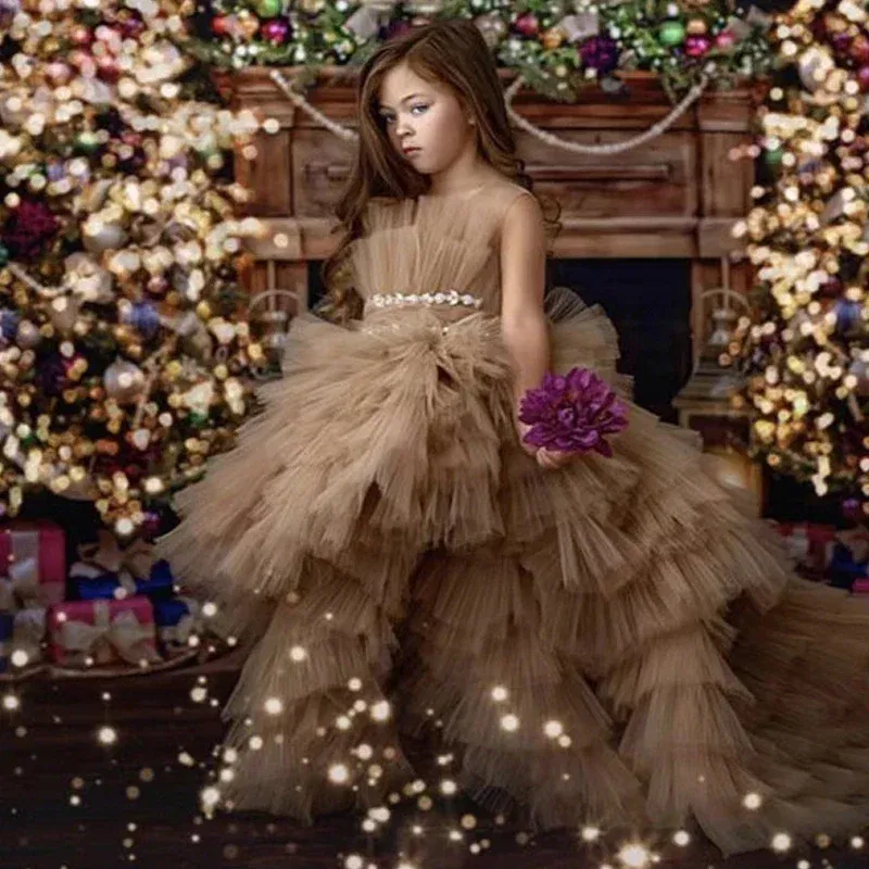 Kid Size: 4T, Color: Coffee - Baby Girls Princess Dress Sleeveless High Waist Children Mesh Tutu Dresses Girls Birthday Party Clothing Kids Wedding Dress New
