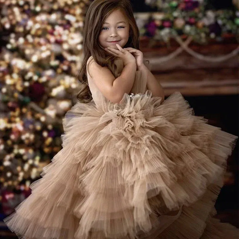Kid Size: 4T, Color: Coffee - Baby Girls Princess Dress Sleeveless High Waist Children Mesh Tutu Dresses Girls Birthday Party Clothing Kids Wedding Dress New