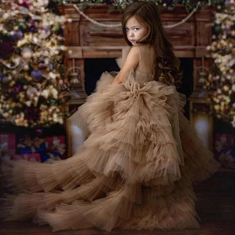 Kid Size: 4T, Color: Coffee - Baby Girls Princess Dress Sleeveless High Waist Children Mesh Tutu Dresses Girls Birthday Party Clothing Kids Wedding Dress New