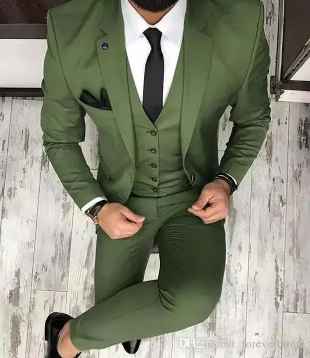 Color: army green, Size: 4XL - Latest Olive Green Men Suits for Groom 3 Piece Classic Wedding Tuxedo Notched Lapel Best Man Slim Fit Blazer trajes de hombre