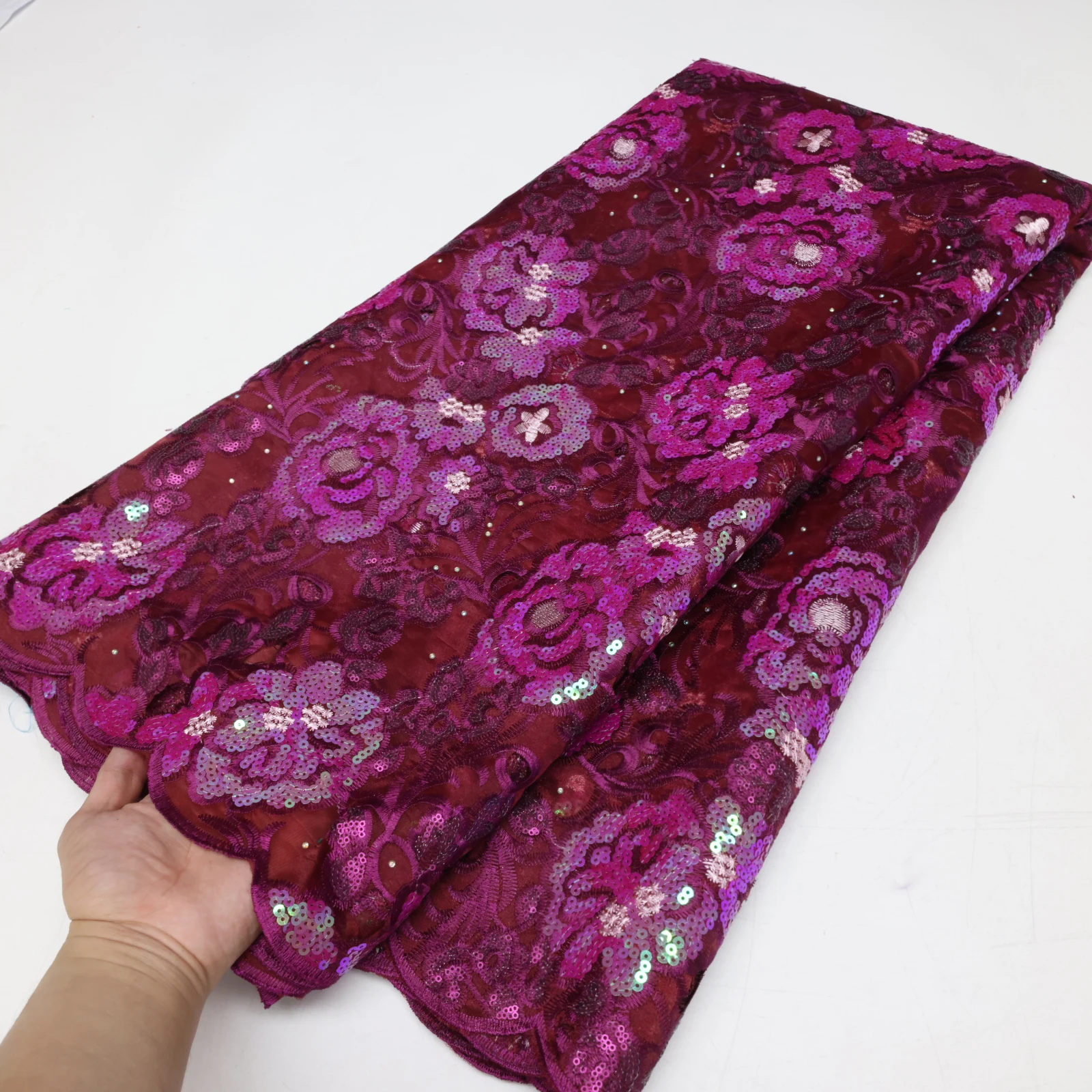 Color: Rosy Red, Length: 5 yards, Width: 120cm - 2025 African Nigerian Tulle Lace Fabric Sequins Sewing Guipure Beads Stone Embroidery Dresses High Quality 4 Yards