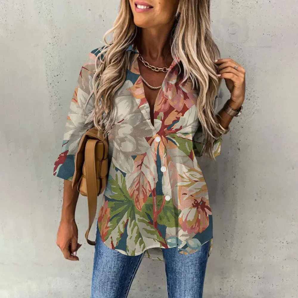 Color: Ivory, Size: XL - Ladies Long Sleeved Shirt Vacation Style Coconut Tree 3D Digital Printed Button Up Collar Loose Casual Ladies Blouse 2024 Autumn