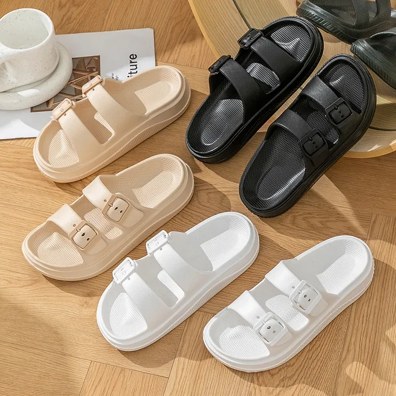 Color: Straw, Shoe Size: 33.5 - Thick Platform Cloud Slippers Women Double Buckle Soft Sole Pillow Slides Sandals Woman Summer Beach Non-Slip Flip Flops