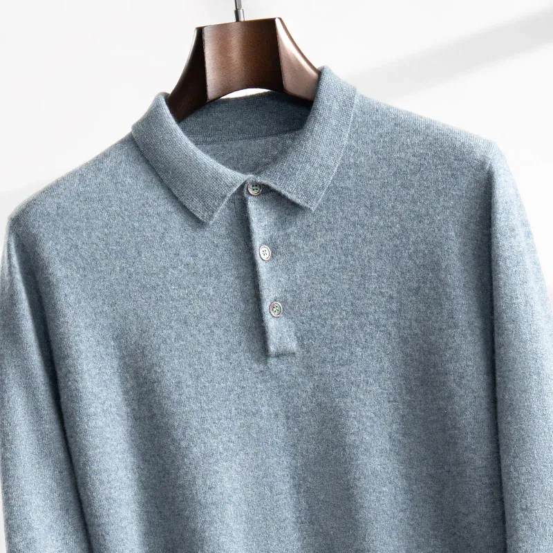 Color: GRAY, Size: L - High Quality Men's 100% Cashmere POLO Collar Pullover Soft Elastic Autumn Winter Business Casual Solid Color Knitted Sweater