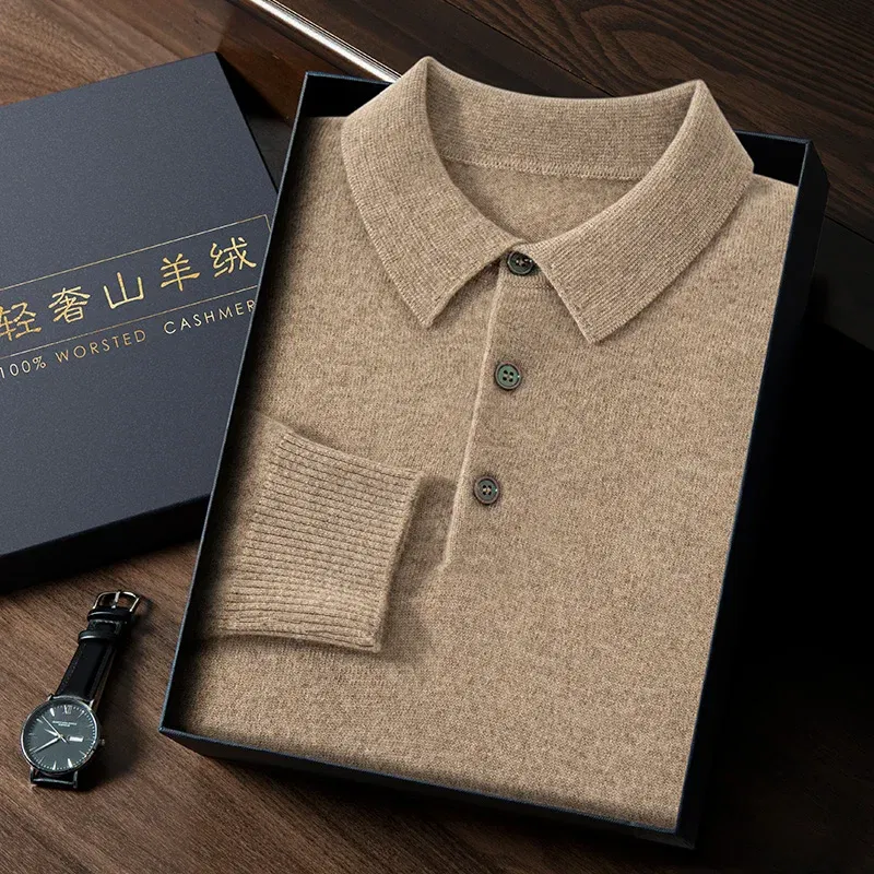 Color: GRAY, Size: L - High Quality Men's 100% Cashmere POLO Collar Pullover Soft Elastic Autumn Winter Business Casual Solid Color Knitted Sweater