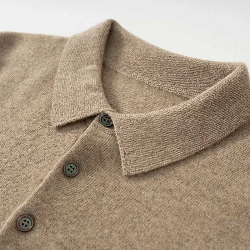 Color: GRAY, Size: L - High Quality Men's 100% Cashmere POLO Collar Pullover Soft Elastic Autumn Winter Business Casual Solid Color Knitted Sweater