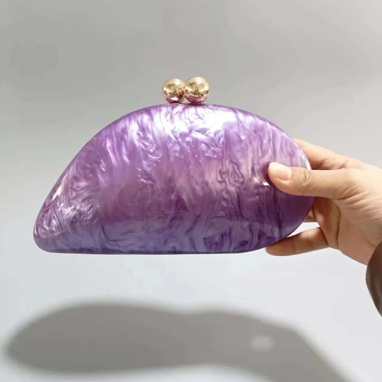 Color: PURPLE - 2024 New Hot Sale Acrylic Shell Shape Clutch Bag Women Designer Evening Party Cute Pearl Egg Purse Blue Handbag Wholesale