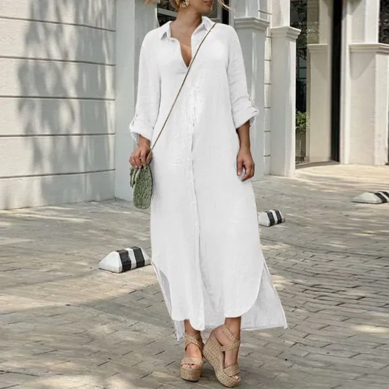Color: black, Size: XXXL - Long Shirt Dress Women Autumn Cotton Linen Leisure Turn Down Collar Maxi Dresses Female Elegant Loose Beach Spring Vestidos