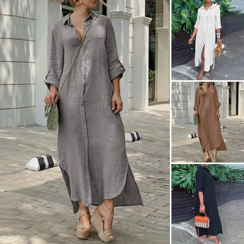 Color: black, Size: XXXL - Long Shirt Dress Women Autumn Cotton Linen Leisure Turn Down Collar Maxi Dresses Female Elegant Loose Beach Spring Vestidos