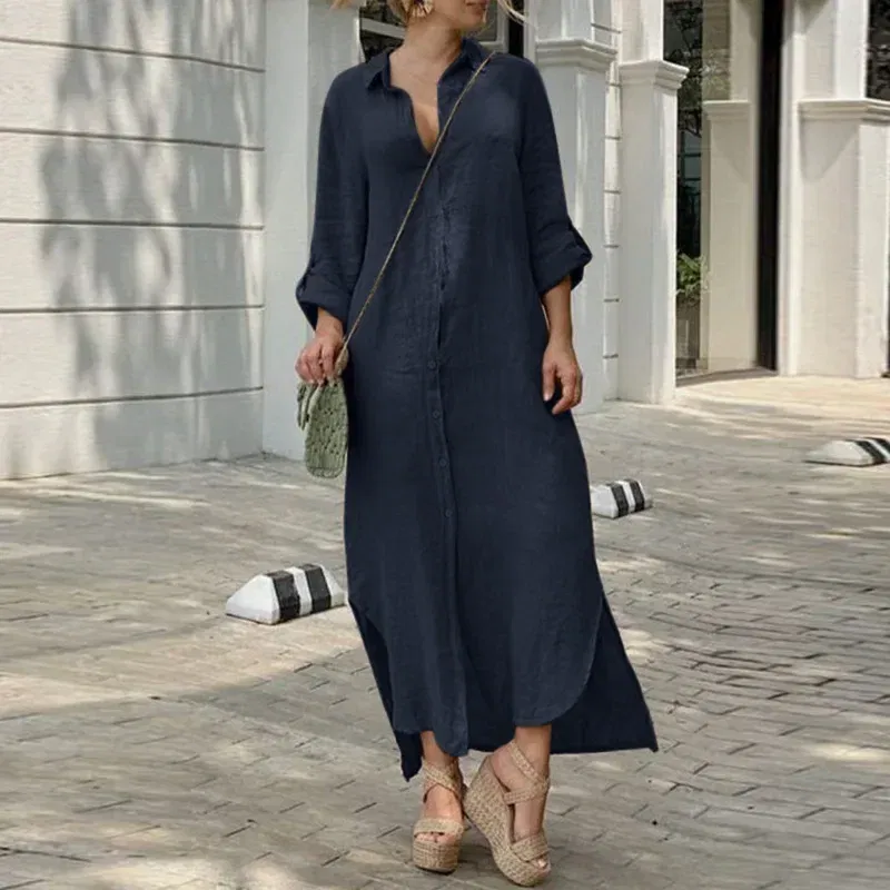 Color: black, Size: XXXL - Long Shirt Dress Women Autumn Cotton Linen Leisure Turn Down Collar Maxi Dresses Female Elegant Loose Beach Spring Vestidos