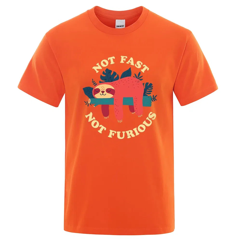 Color: Orange, Size: S - Not Fast Not Furious Sloth Cute Print Men Tee Shirts Breathable Cotton Tops Street Fashion T-shirt Women Casual Summer T Shirts