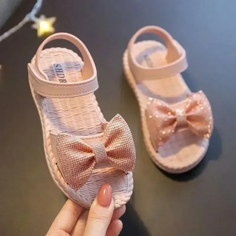 Color: black, Shoe Size: 5.5 - Girls Sandals 2024 Summer Princess Children Sandals Bow Tie Girl Shoes Fashion Casual Non Slip Kids Beach Shoes