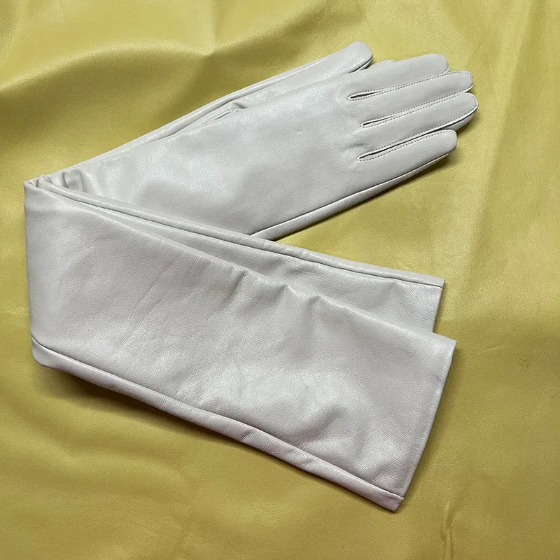 Color: green, Gloves Size: M - 50cm New Genuine Leather White Women's High Grade Party Mittens Sheepskin Lady Winter Velvet long Gloves Creamy Ivory Snow White