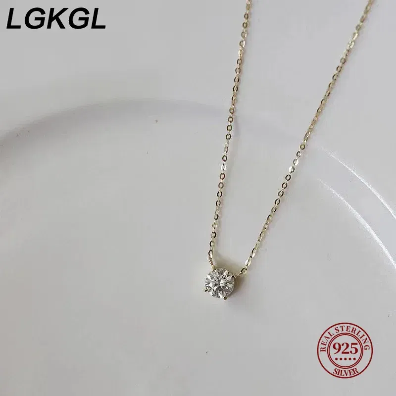 Gem Color: Black, Length: 45cm - LGKGL 925 Sterling Silver 18k Gold Plated Necklaces Versatile Single Sparkling 6mm Zircon Clavicle Chain Female Wedding collars