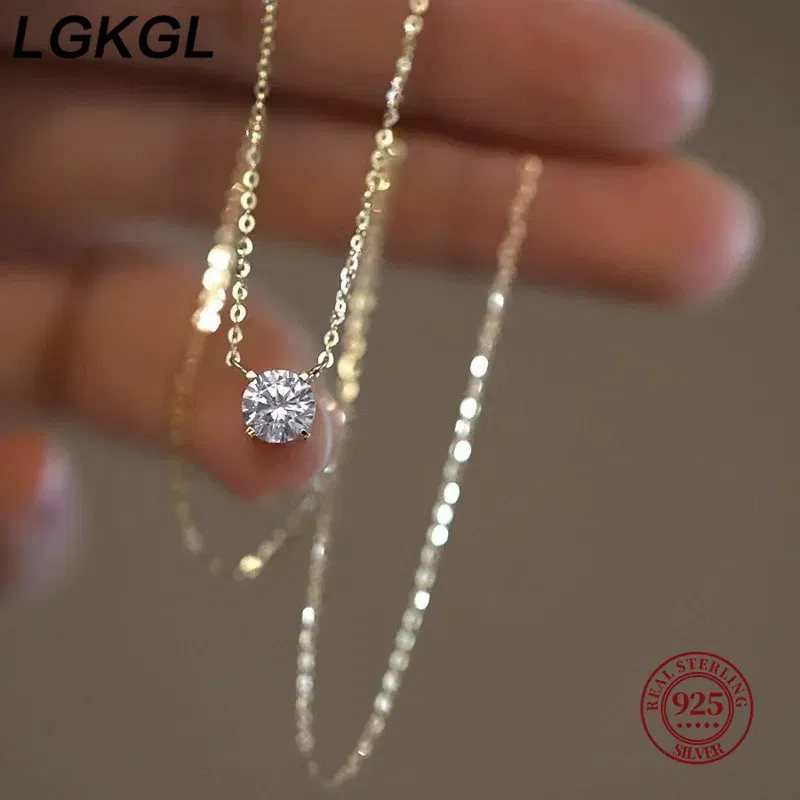 Gem Color: Black, Length: 45cm - LGKGL 925 Sterling Silver 18k Gold Plated Necklaces Versatile Single Sparkling 6mm Zircon Clavicle Chain Female Wedding collars