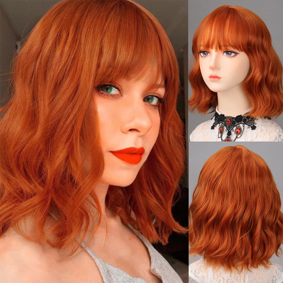 Color: #14 - Fashionable orange synthetic wig with Liu seawater ripple daily wear cosplay party high temperature silk wig full head cover