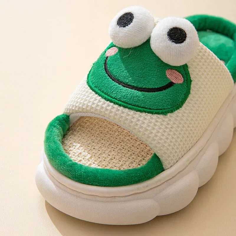 Color: light green, Shoe Size: 40-41 - Women Cartoon Frog Slippers Winter Warm Indoor Home Slides Linen Thick Sole Couple Slipper Bedroom Anti Slip Shoes Sandals