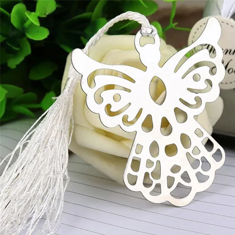 Hot Stainless Steel Silver Guardian Angel Bookmark Tassel Page Marker Ribbon Box Metal Bookmark Stationery School Office