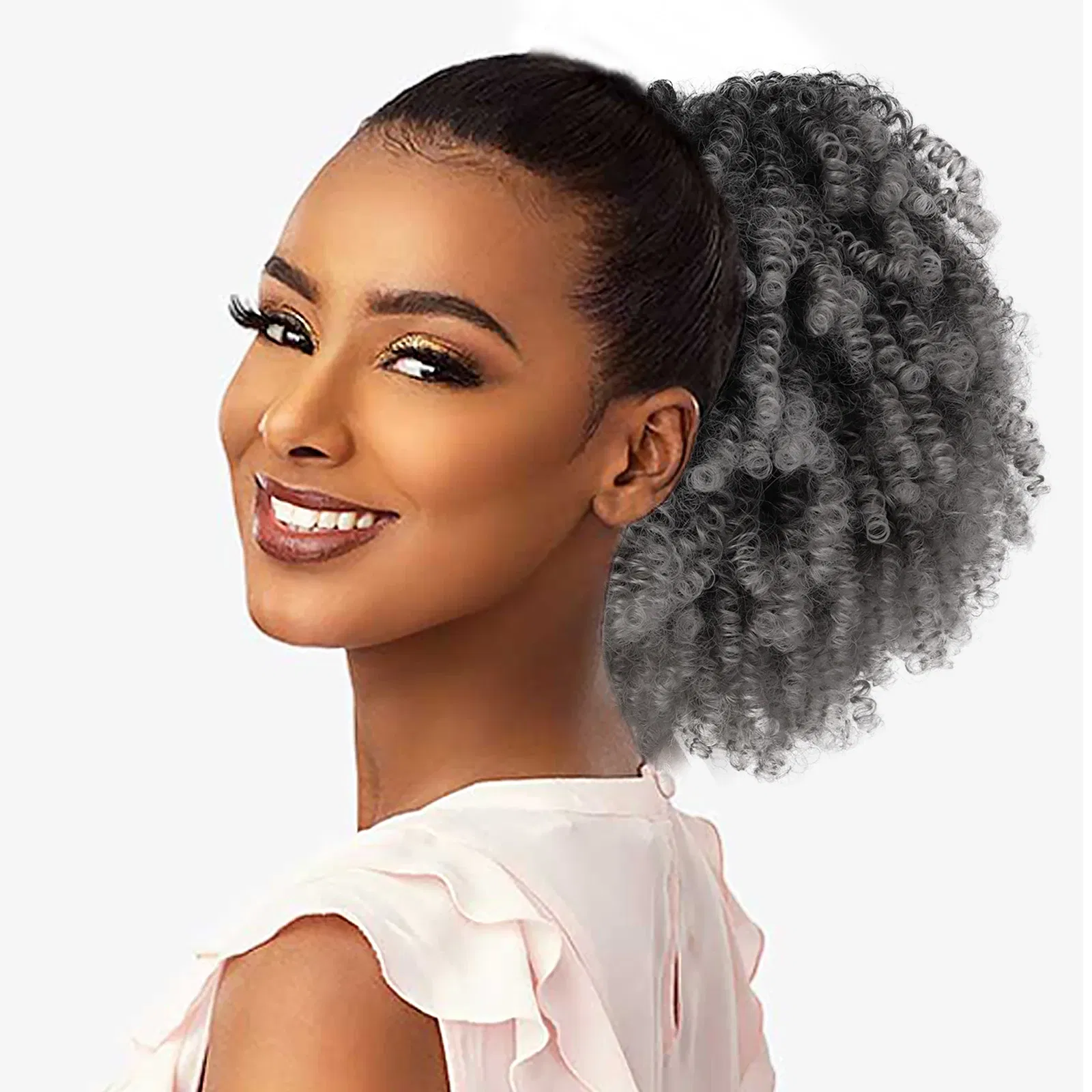 Color: #1B/Silver Grey - Afro Puff kinky curly Drawstring Ponytail Bun Extension for Black Women Synthetic Short Afro Kinkys Curly Afro Hairpieces
