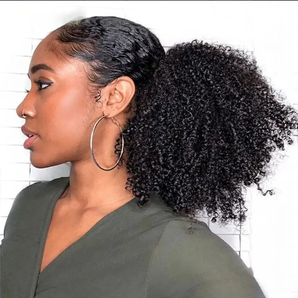 Color: #1B/Silver Grey - Afro Puff kinky curly Drawstring Ponytail Bun Extension for Black Women Synthetic Short Afro Kinkys Curly Afro Hairpieces